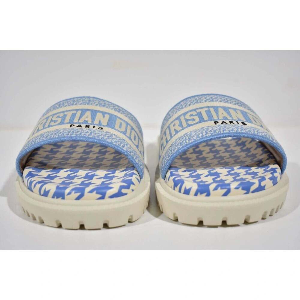 Christian Dior Dway Blue White Logo Houndstooth Slide Mule Flat Flop Sandal 37.5 - Picture 5 of 12